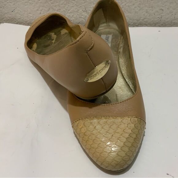 JIMMY CHOO Nude Leather & Python Cap Toe Ballet Flats Neutral Size EU 37.5, US 7 - Picture 12 of 16